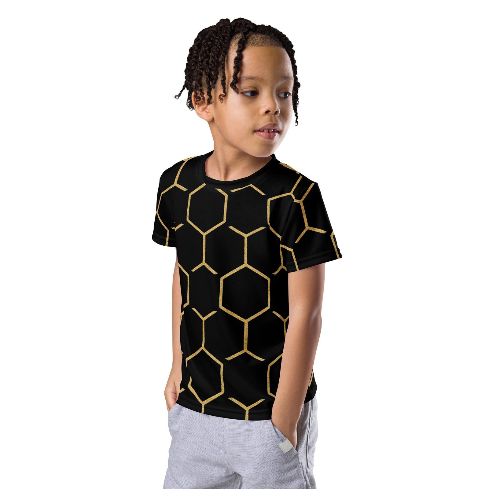 Talishén: Steel Spine Hex Pattern – Kids crew neck t-shirt – Black & Gold - Image 3